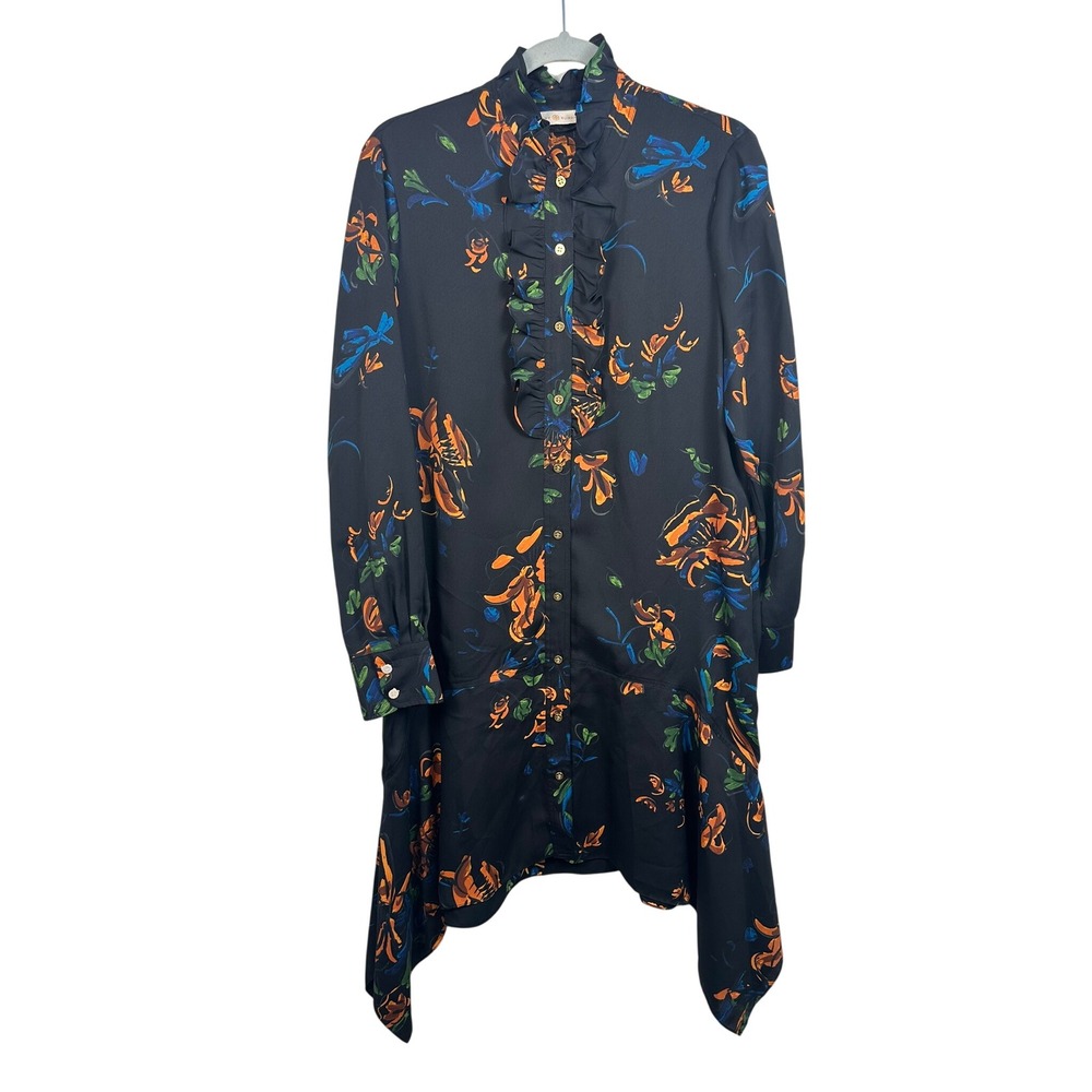Toryβ Burch Shirt Dress Womens 10 Black NWOT Floral Ruffle High-Low 74814